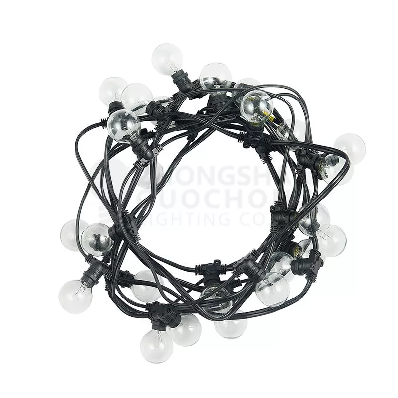 25 SOCKET OUTDOOR COMMERCIAL STRING LIGHT SET, G40 CLEAR GLOBE BULBS, 29 FT BLACK CORD W E12 C7 BASE, WEATHERPROOF